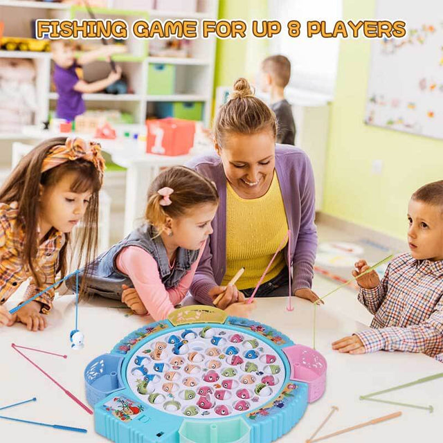 Fishing Game Play Set - 45 Magnetic Fish, 8 Poles & Rotating Board On-Off  Music - Family Children Backyard Colorful Toy Games for Kids and Toddlers  Age 3 and Up