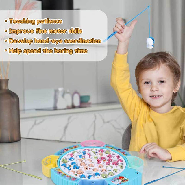 Ipidipi Toys Fishing Game Play Set - 45 Magnetic Fish, 8 Poles & Rotating Board On-Off Music - Family Children Backyard Colorful Toy Games