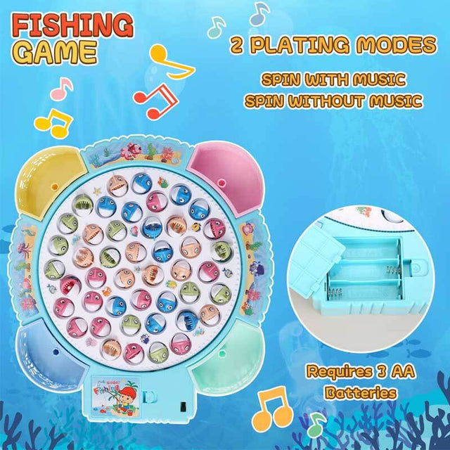 Fishing Game Play Set - 45 Magnetic Fish, 8 Poles & Rotating Board On-Off  Music - Family Children Backyard Colorful Toy Games for Kids and Toddlers  Age 3 and Up