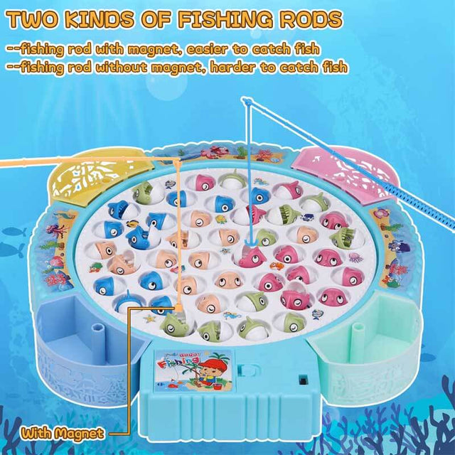 Ipidipi Toys Fishing Game Play Set - 45 Magnetic Fish, 8 Poles & Rotating Board On-Off Music - Family Children Backyard Colorful Toy Games